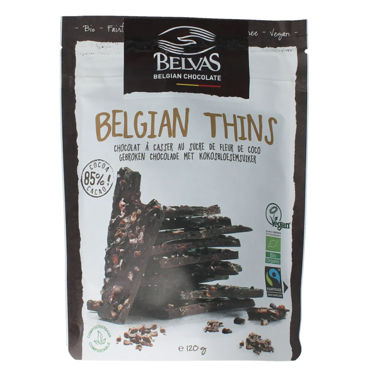 Outlet Belvas Thins dark 85% met kokosbloesemsuiker bio