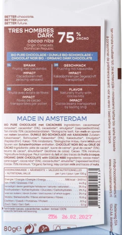 Sale Chocolatemakers Reep tres hombres 75% puur met cacaonibs bio