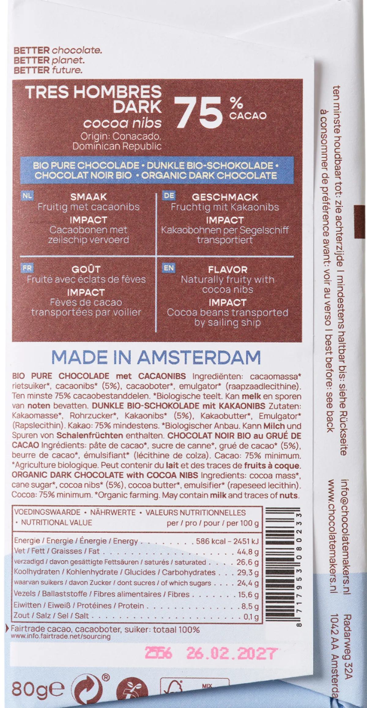 Sale Chocolatemakers Reep tres hombres 75% puur met cacaonibs bio