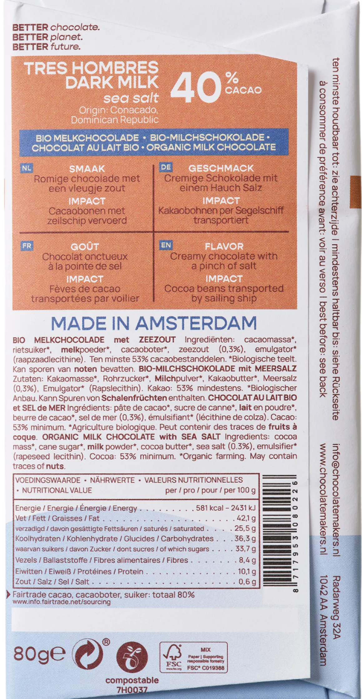 Chocolatemakers Reep tres hombres 40% melk zeezout fairtrade bio