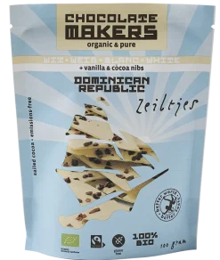 Chocolatemakers Zeiltjes wit met cacaonibs & vanille bio