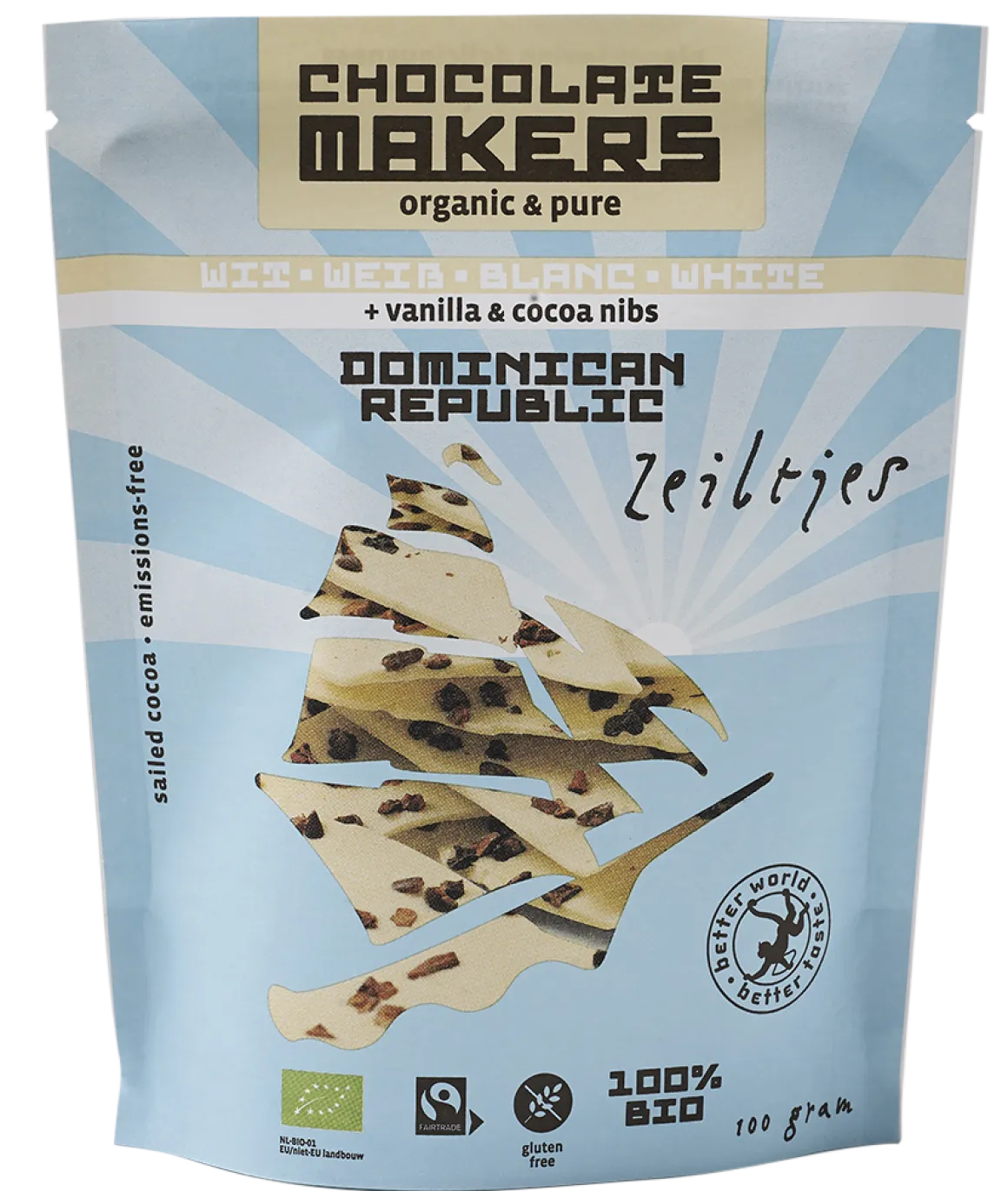 Chocolatemakers Zeiltjes wit met cacaonibs & vanille bio