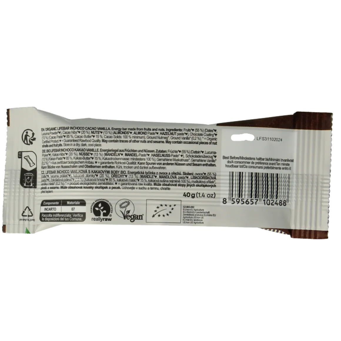 Lifefood Lifebar inchoco chocolade vanille raw bio
