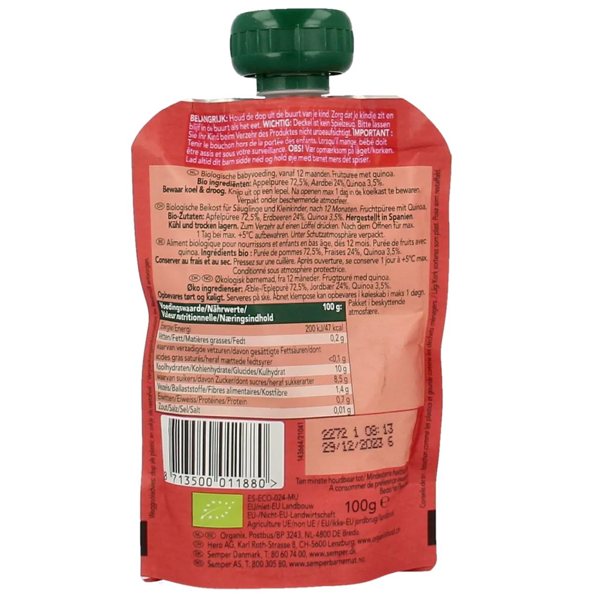 Online Organix Knijpfruit appel, aardbei & quinoa 12 maanden bio