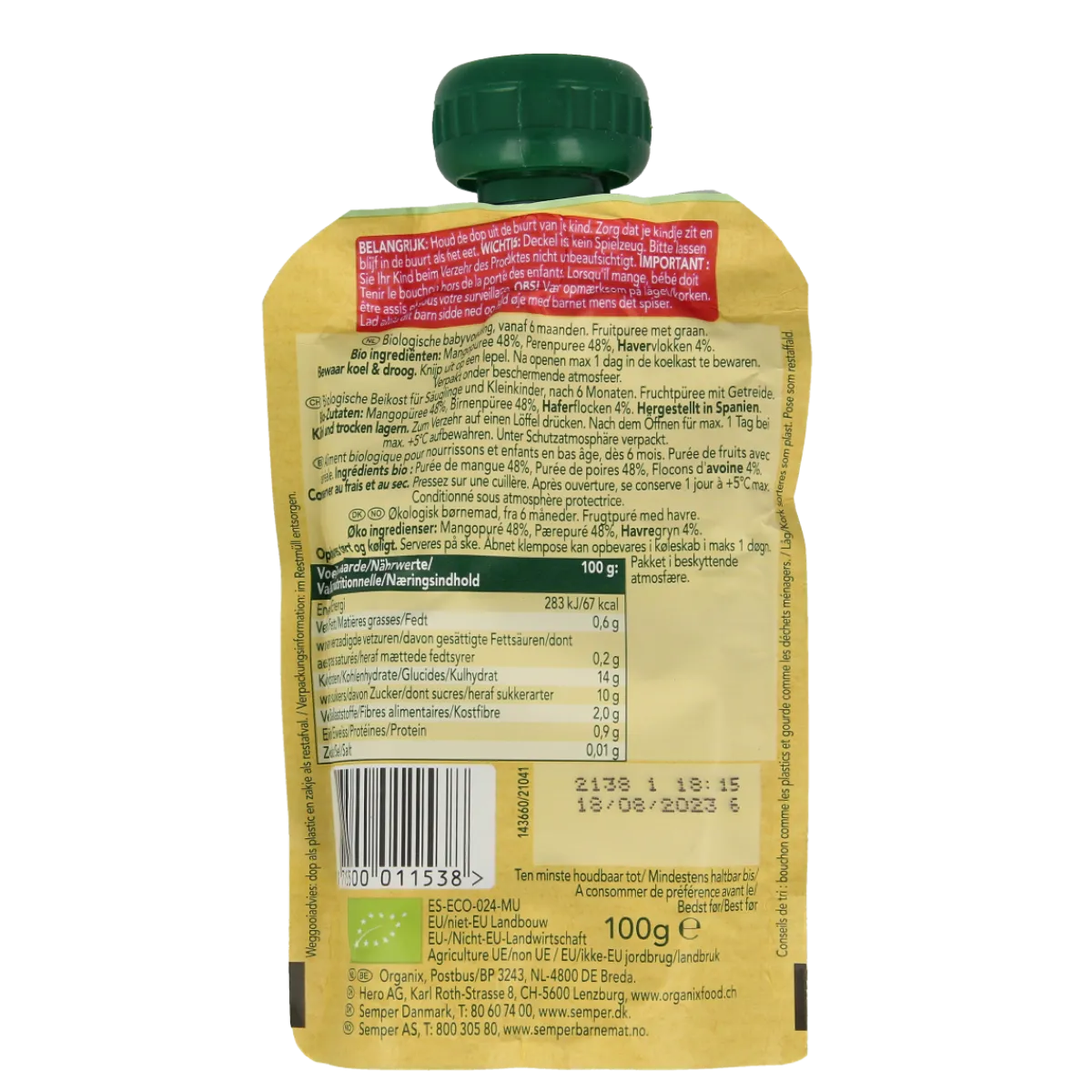 Clearance Organix Knijpfruit mango, peer & granola 6+ mnd bio