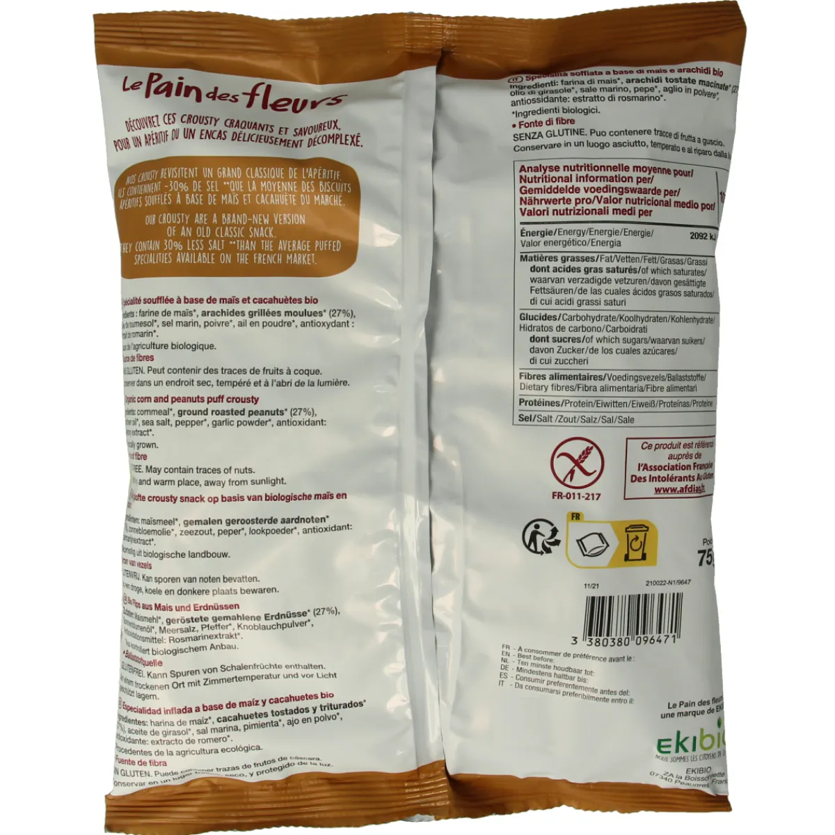 Pain Des Fleurs Chips gepoft pinda -30% zout glutenvrij vegan bio