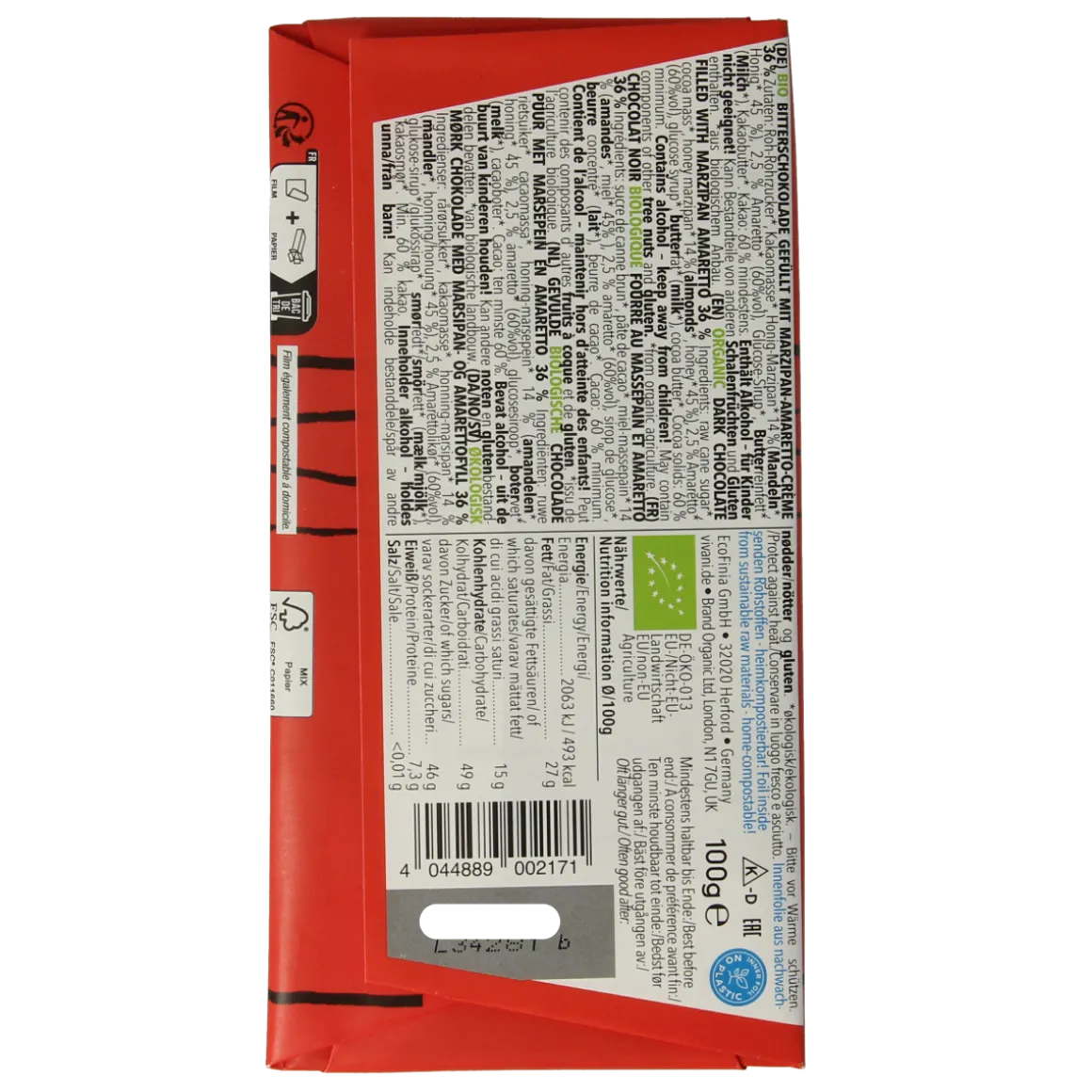 Vivani Chocolade puur met marsepein & amaretto bio