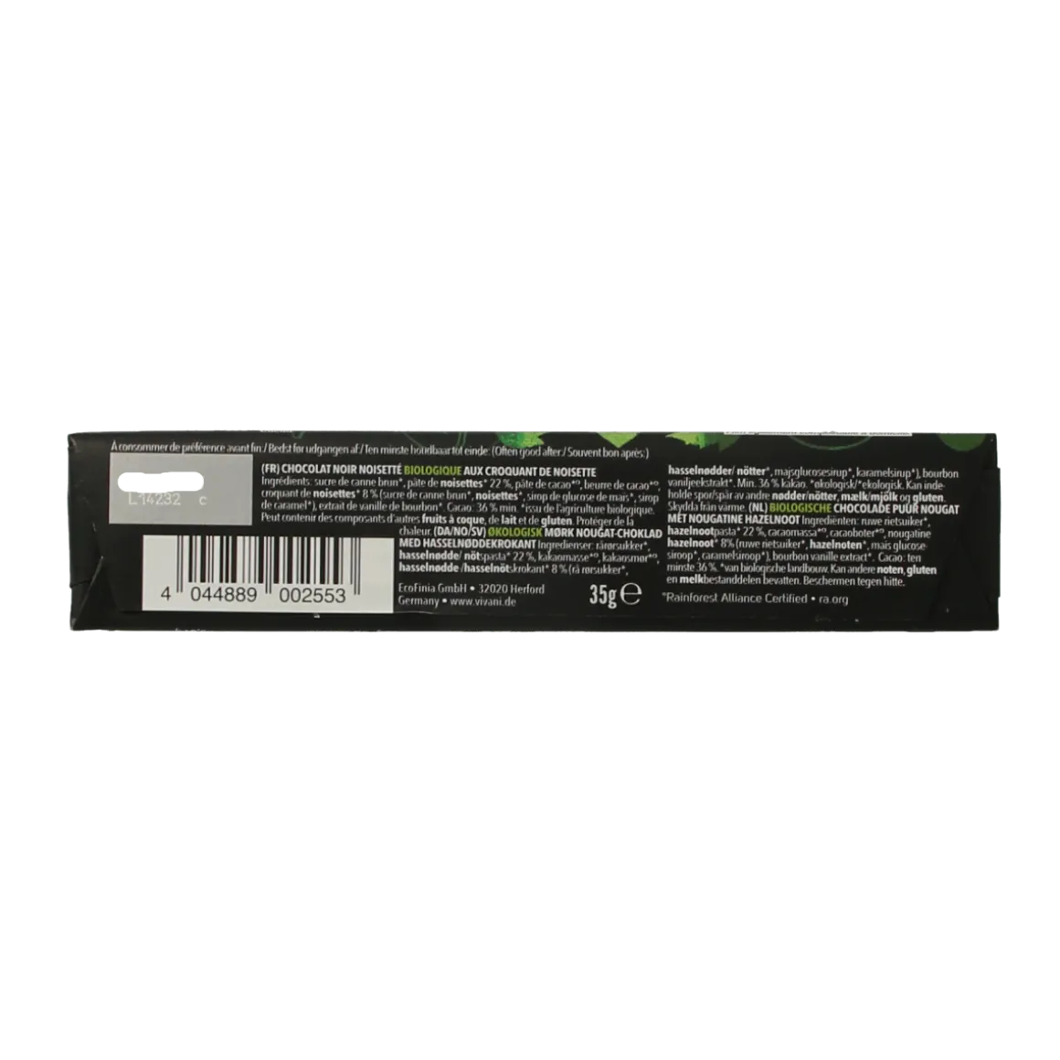 Vivani Chocolate To Go dark nougat croccante bio