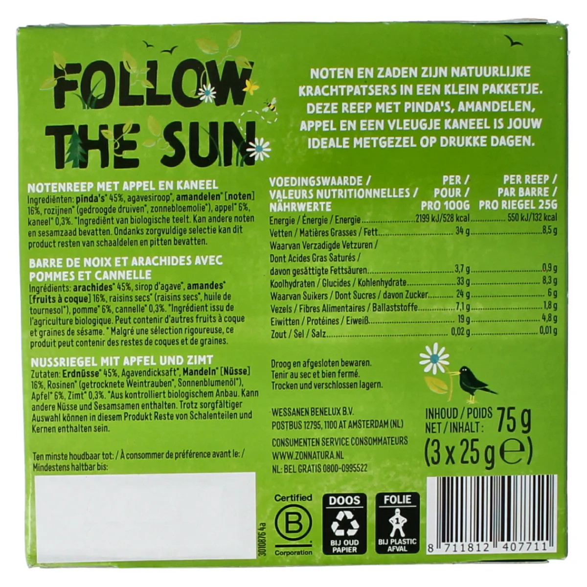 Best Zonnatura Noten appel kaneel reep 3x25 gram bio